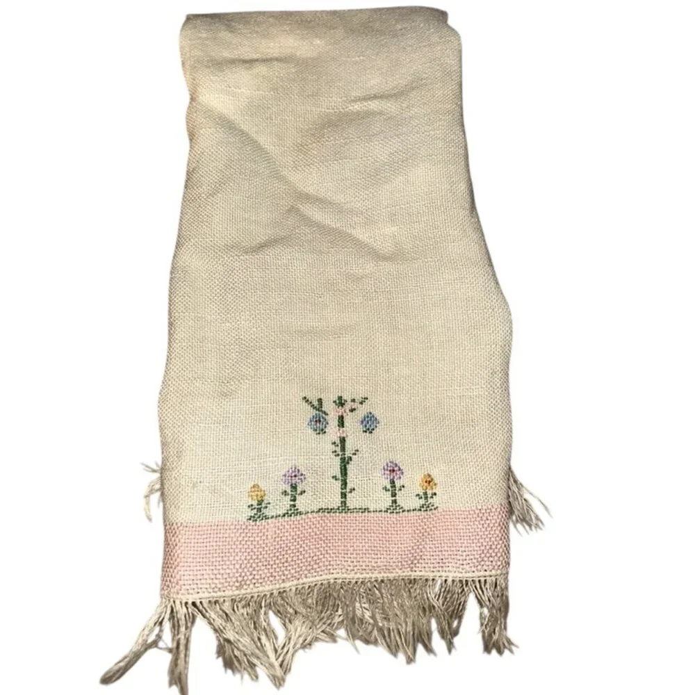 Vintage 100% LINEN pink trim fringe hand crewel Spring Flowers tea towel 10x15